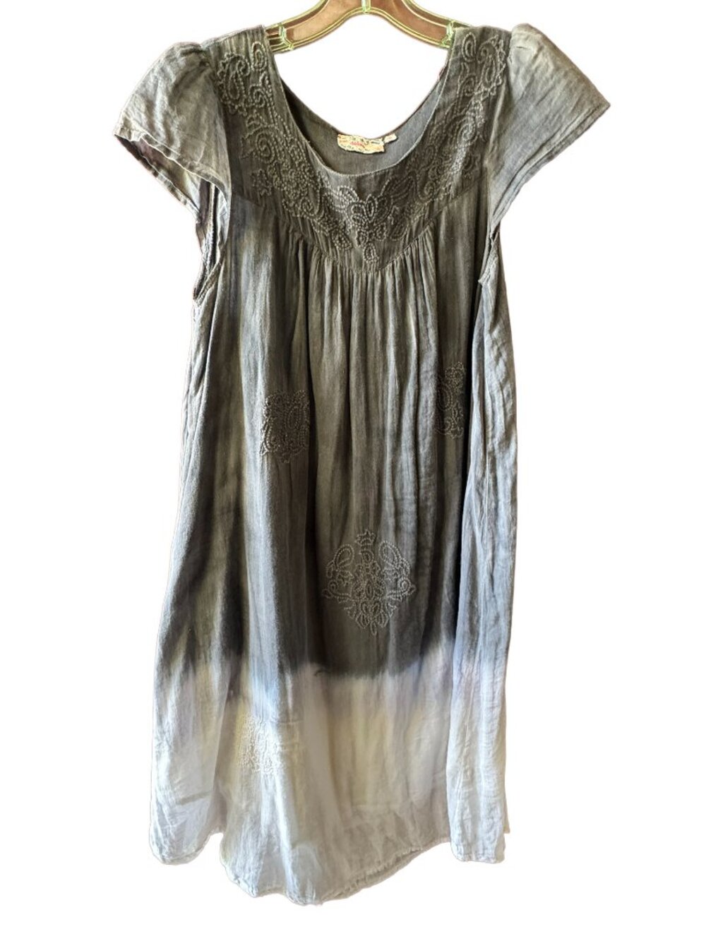VINTAGE Ombre Embroidered Midi Dress Gray/Blue to White Flowy Tunic Dress M